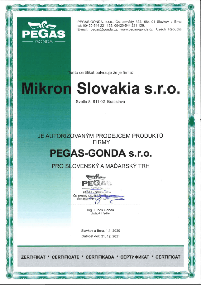 Mikron Slovakia, an authorized dealer of Pegas - Gonda